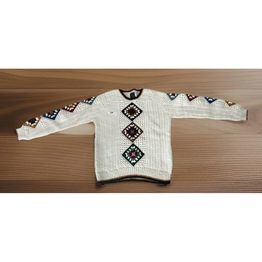 Vintage Knit Sweater crochet granny square Grandpa Core‎ large handmade Puritan - Picture 2 of 8